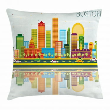 Boston Throw Pillow Cushion Cover, Cartoon Illustration of Vibrant City Life and Flying Tiny Seagulls Above the Town, Decorative Square Accent Pillow Case, 16 X 16 Inches, Multicolor, by Ambesonne
