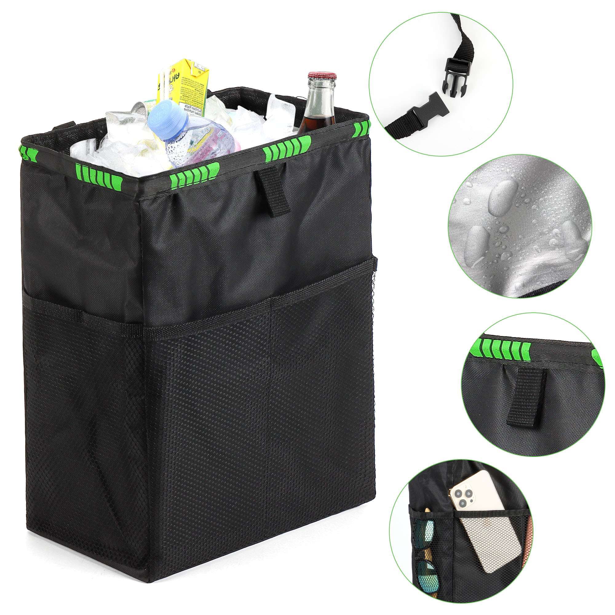 Gustave 2Pcs Hanging Car Trash Can Eco-friendly Collapsible Car Organizer  Storage Bag Large Leakproof Waterproof Garbage Bin with 4 Mesh Pockets,  13.8*9.1*5.9 