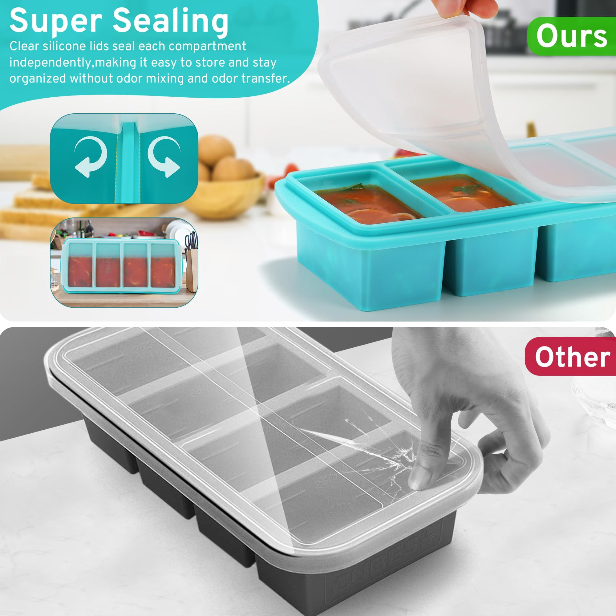 Silicone Freezer Tray With Lid - 1 Cup Food Freezers Large Ice Cube Molds Soup  Sauce Leftovers Homemade Meal Prep Freezing Kitchen Storage Containers Aqua 4-pack