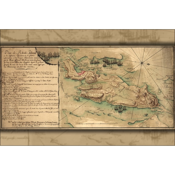 24"x36" Gallery Poster, map of Rhode Island, Battle of 1778 in french