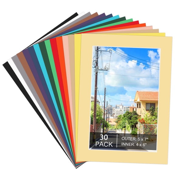 30 Pack 5x7 Picture Mats, Mixed Colors Frame Mattes for 4x6 Pictures Photo Frame Mat Core Bevel Cut Mat Board Show Kit for Photos, Prints, Artworks