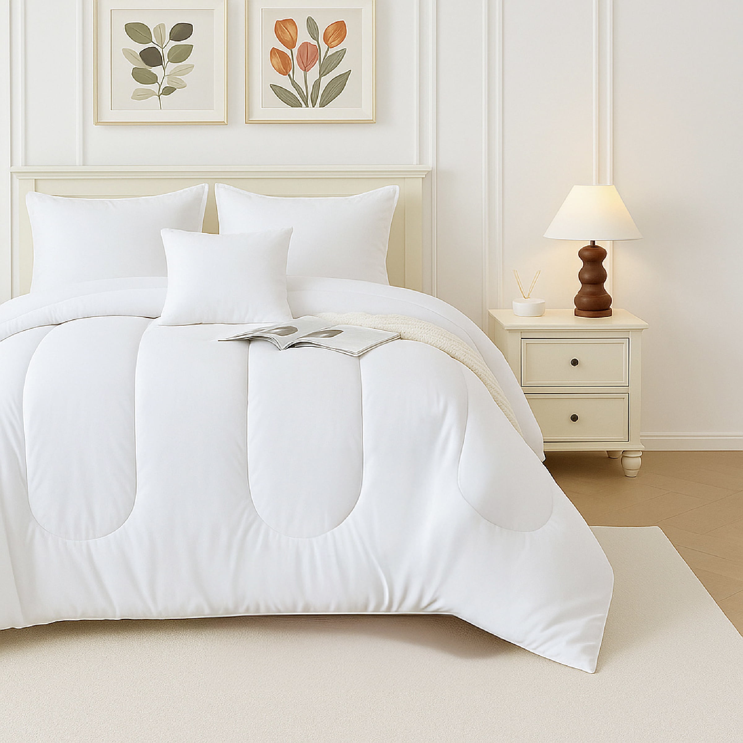 Beddora Ensemble de Lit 5 Pcs – Comprend une Couette, 2 Taies d'Oreiller, un Coussin Décoratif et un Coussin Carré – Ultra-Doux, Toutes Saisons, Grand – Blanc Éclatant