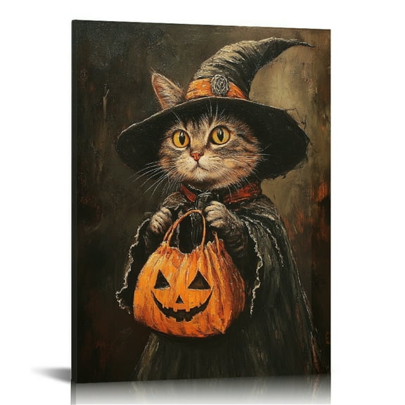 Vintage Halloween Black Cat and Pumpkin Canvas Wall Art Painting,Gothic Print Pictures for Home Wall Decor Horror Creepy Dark Posters for Living Room Home Halloween Party Decor Framed