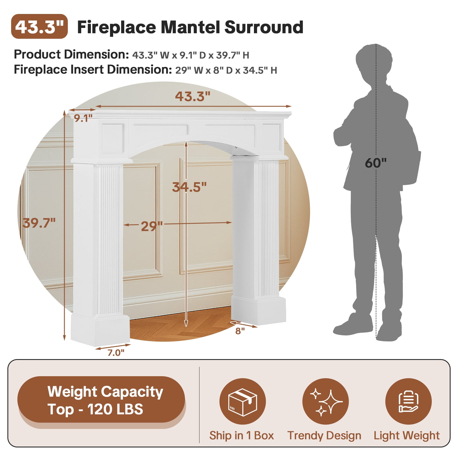 OUINCH 43.3" Fireplace Mantel, Freestanding Fireplace Surround with Leg for Electric Fireplaces, MDF Mantel Surround with Shelf for Living Room with Decorative Pattern, Anti-Tipping & Waterproof