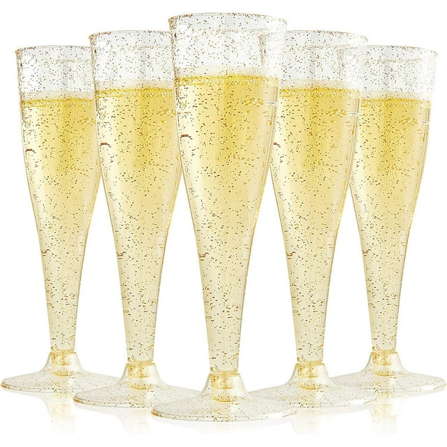 24 copas de champán de plástico desechables | Copas de champán de plástico con purpurina dorada para fiestas | Vasos de plástico transparente con purpurina | Vasos para tostar de plástico | Gafas