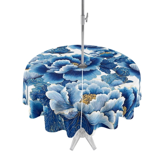 Outdoor Tablecloth with Umbrella Hole Zipper Blue Peonies Round Tablecloth 60" Waterproof Table Cloth Retro Flowers Country Floral Pastoral Plants Patio Table Cover Tablecloths for Picnic Party