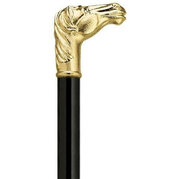 Walking Cane Lady's Gold Plastic Horse Head Shaped Handle, Black Wood Shaft, 36" long