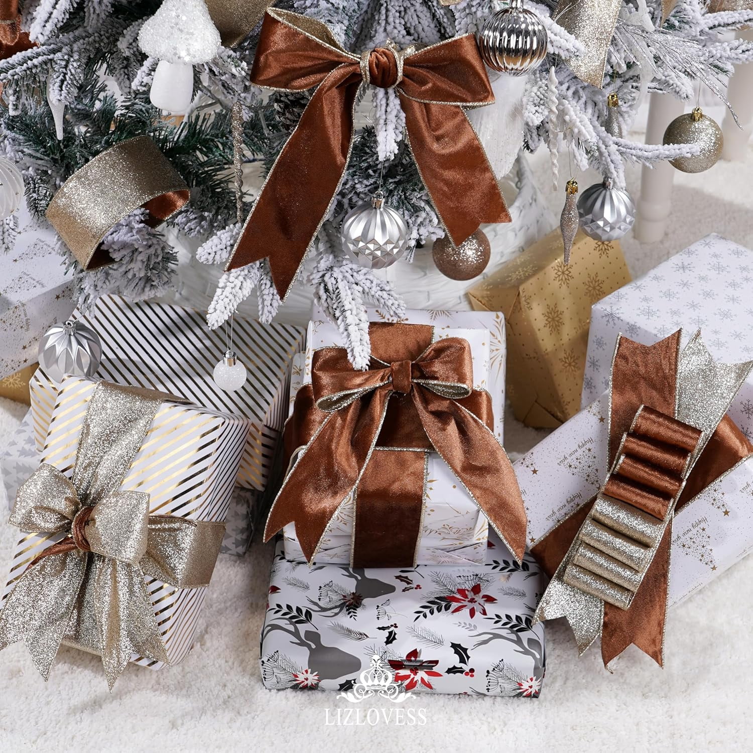 Brown Velvet Wired Ribbon with Glitter Back 2.5 Inch Camel Christmas Ribbon Wired Reversible Ribbon for Christmas Tree, Gift Wrapping, Crafts, Wreaths Supplies, Topper Bows (10 Yards)