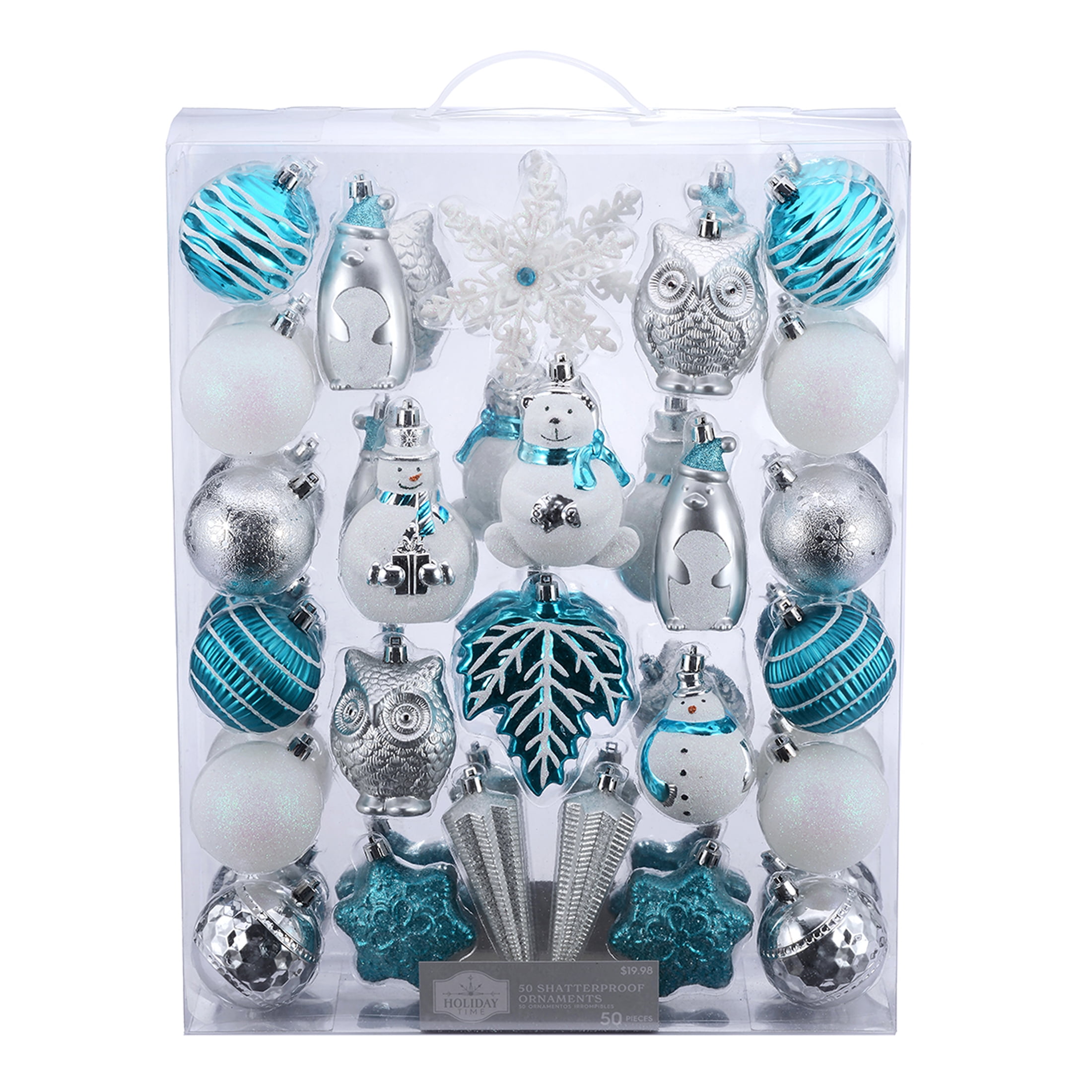 Holiday Time Iconic Symbols of Christmas Shatterproof Christmas Ornaments, Turquoise and Silver, 50 Count
