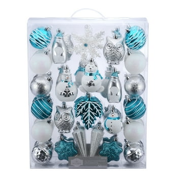 Holiday Time Iconic Symbols of Christmas Shatterproof Christmas Ornaments, Turquoise and Silver, 50 Count