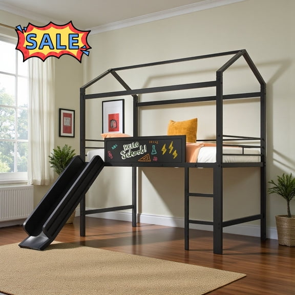 Tcbosik Twin Size Loft Bed with Slide and 2-Sided Writable Blackboard, House Shaped Bed Frame, Metal Slats Support, Black