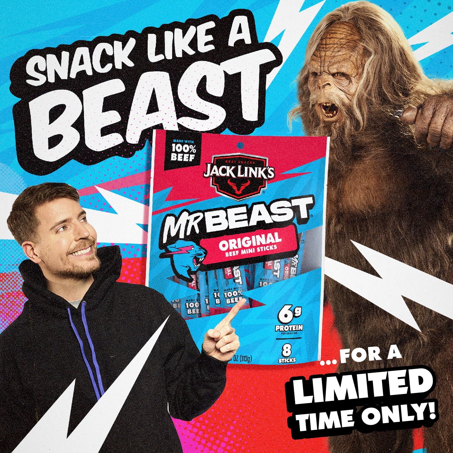 Jack Link’s x MrBeast Original Mini Beef Sticks, 4 ounce, 8 count of .5 ounce Mini Meat Sticks