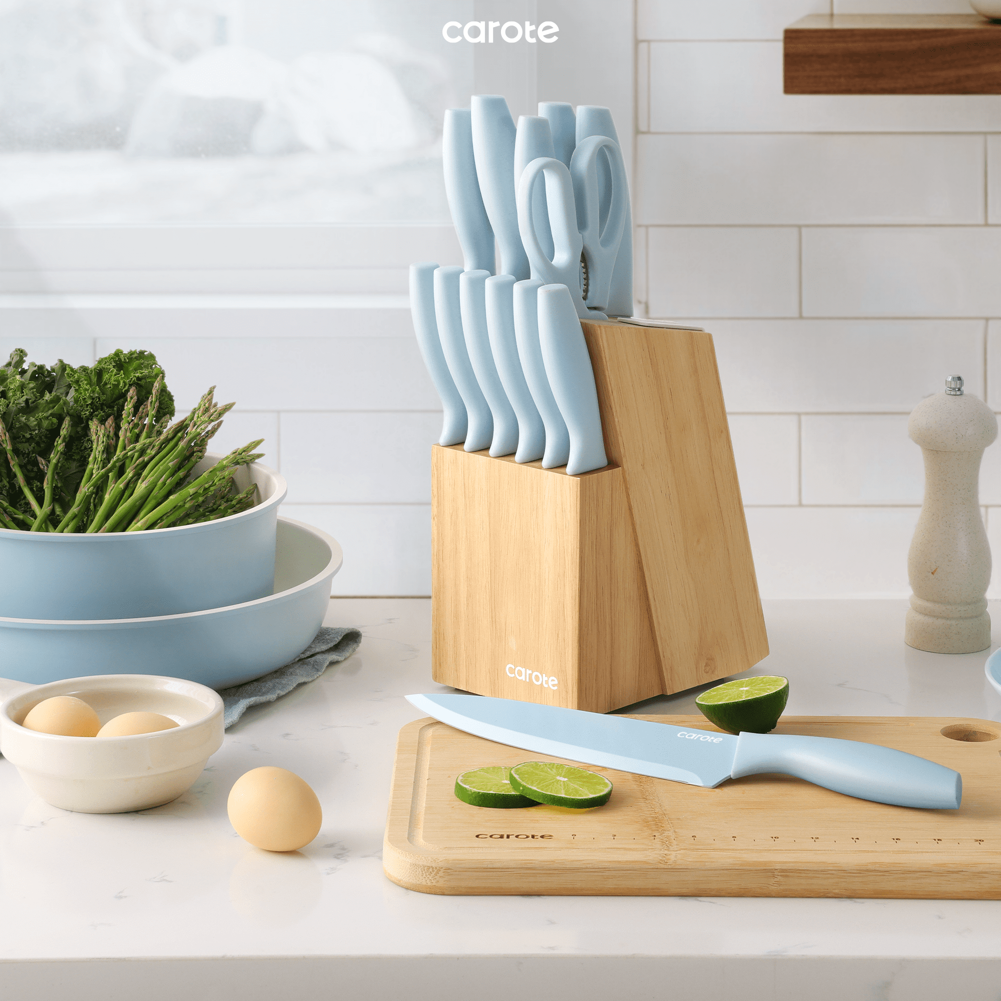 Carote 15-Piece Premium Kitchen Knife Set, Blue Ceramic-Coated Blades with Stylish Wooden Block