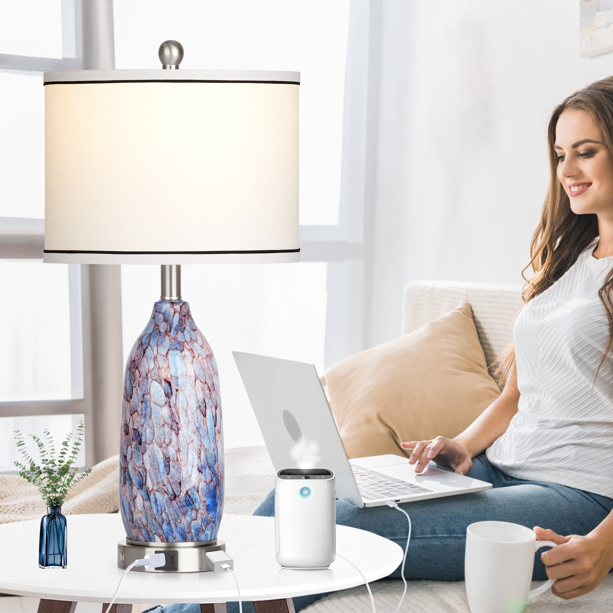 Cinkeda Cosatal Glass Table Lamps Set of 2 for Living Room Bedroom 3 Way Dimmable Touch Control Bedside Nightstand Lamp with USB A+C Ports AC Outlet Nightlight