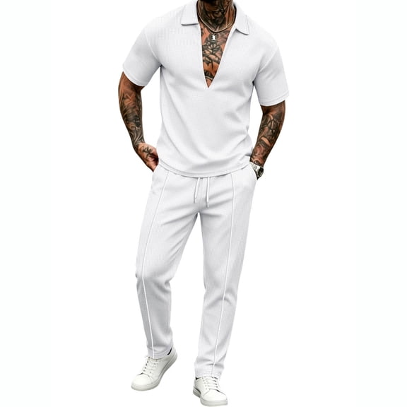StSilkitty Men's 2 Piece Casual Outfits Solid Color Short Sleeve Collared V Neck Shirts and Drawstring Shorts Sets Lightweight Comfy Set