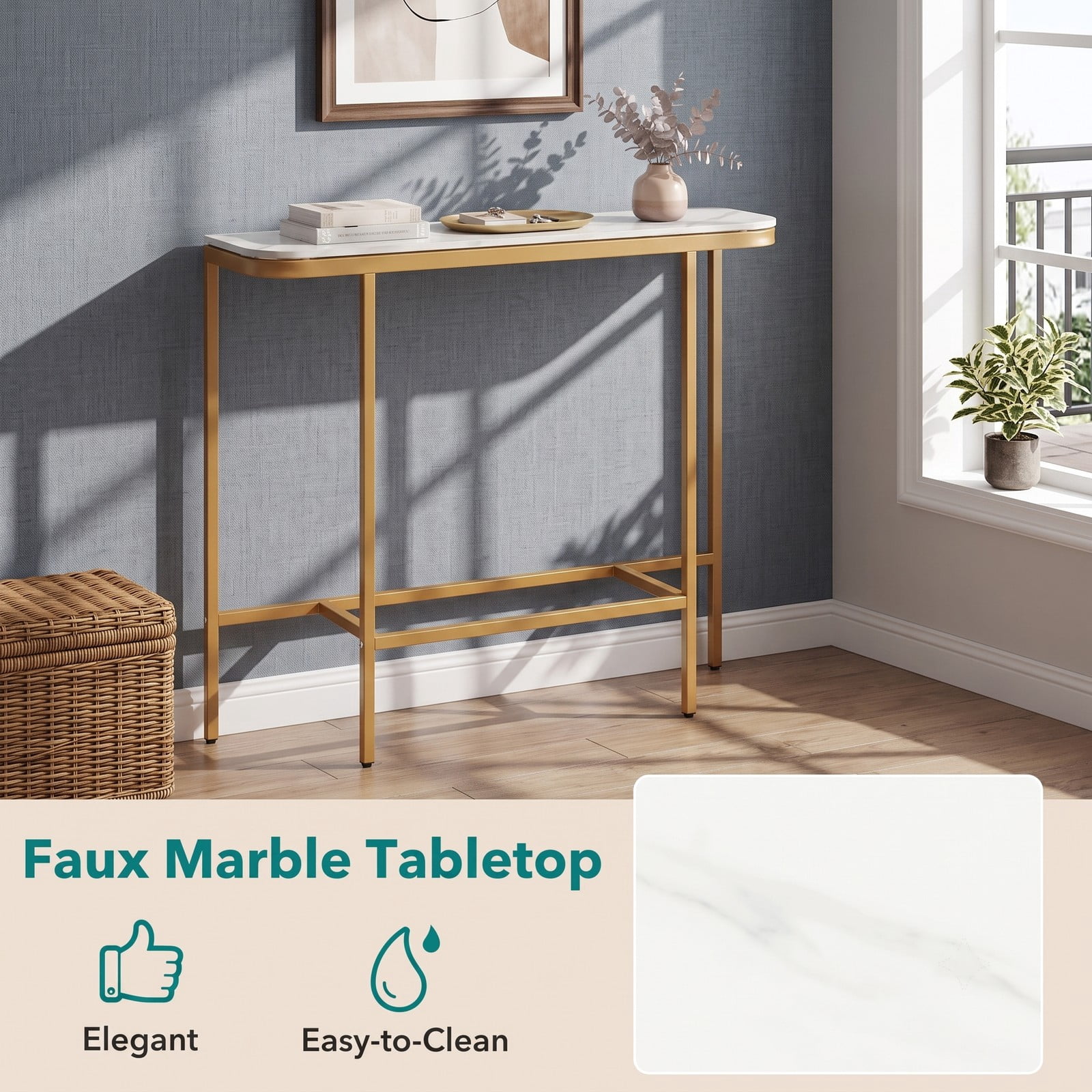 Furnibear 44 Inch Console Table with Faux Marble Tabletop and Heavy-Duty Metal Frame for Entryway and Living Room, White and Gold
