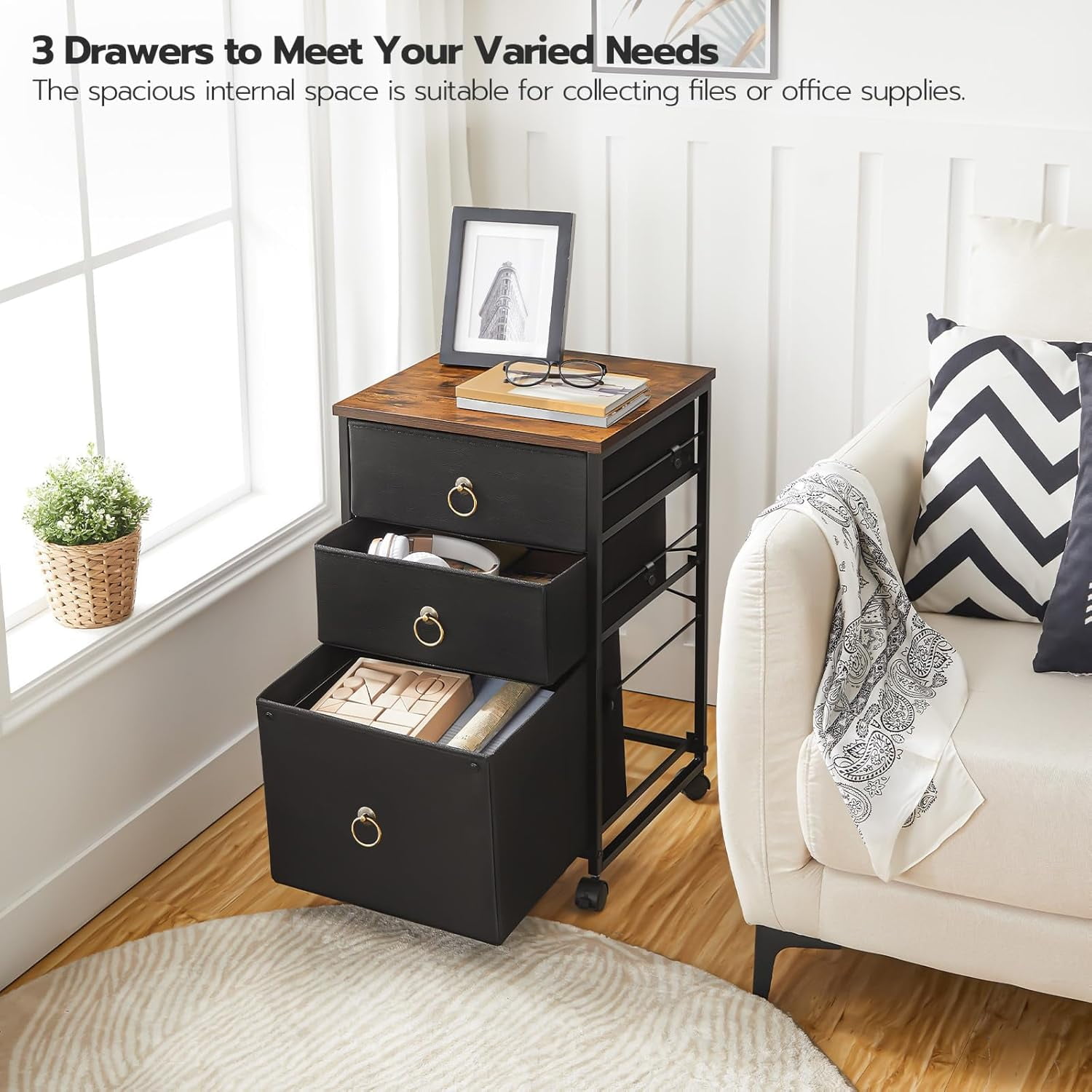3-Drawer Mobile File Cabinet, Vertical Filing Cabinet, Under Desk Storage Drawers for Home Office, Rolling Printer Stand, A4/Letter-Sized, Nonwovens Drawer, Rustic Brown and Black BFK30WJ01