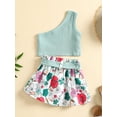 thumbnail image 3 of 2 Pieces Girls Suit Set, Solid Color One Shoulder Sleeveless Tops+ Floral Print Skirt with Waist Belt for Summer, 3 of 9