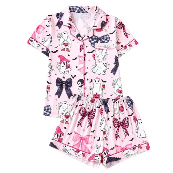 MEZZALL Women Halloween Pajama Set Lapel Collar Button Down Short Sleeve Top Elastic Waist Shorts Loungewear Set Ghost Print Sleepwear For Party Home Sleeping Holiday 2 Piece Pjs