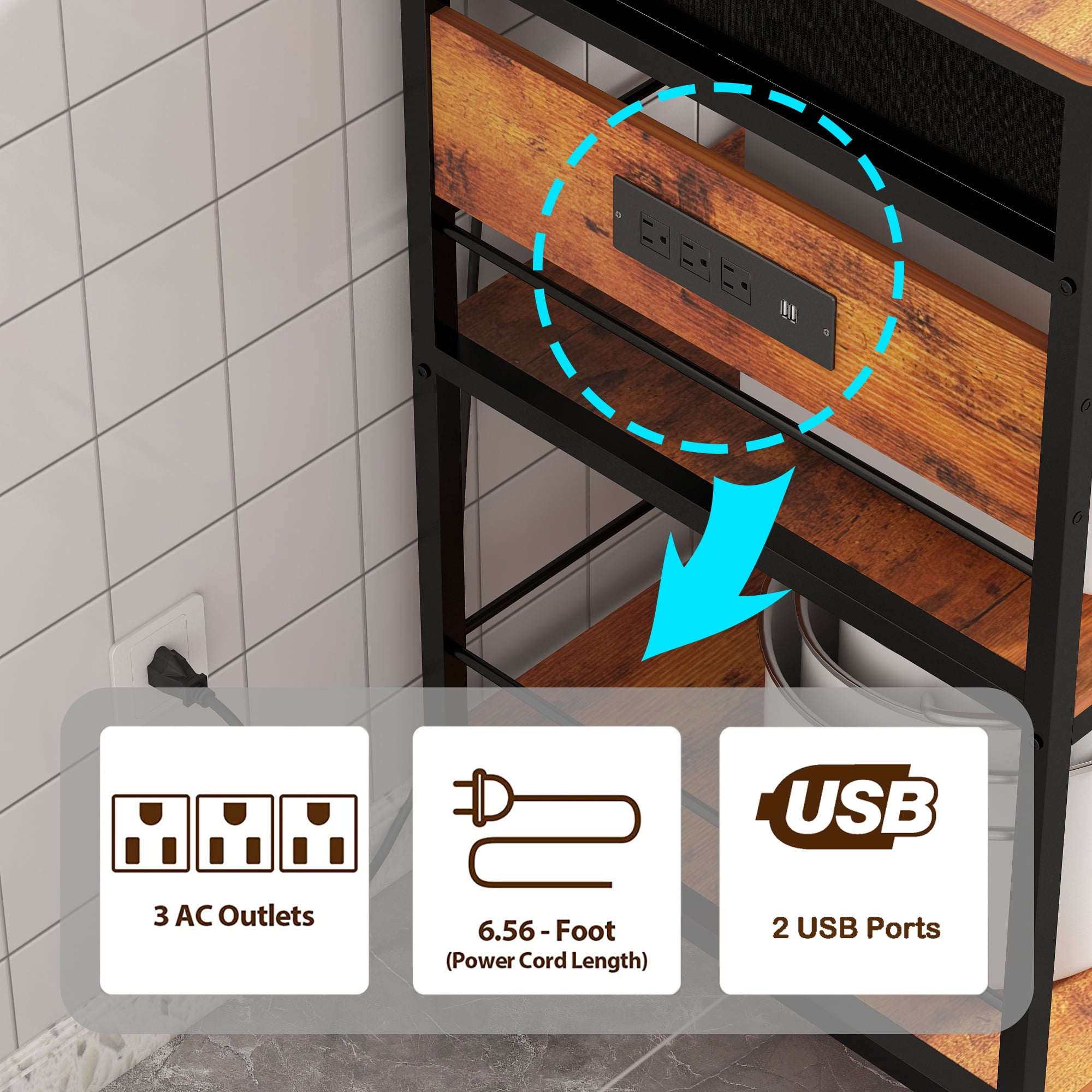 Chnnmbrn Wood Kitchen Island Brown Rolling Cart with Power Outlet Microwave rack