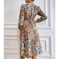 thumbnail image 4 of Vestido de Manga Larga con Linterna y Dobladillo Grande Decoración Estampada Cuello Redondo Vestido con Lazo en la Cintura para Todas Las Estaciones Caqui XL, 4 of 6