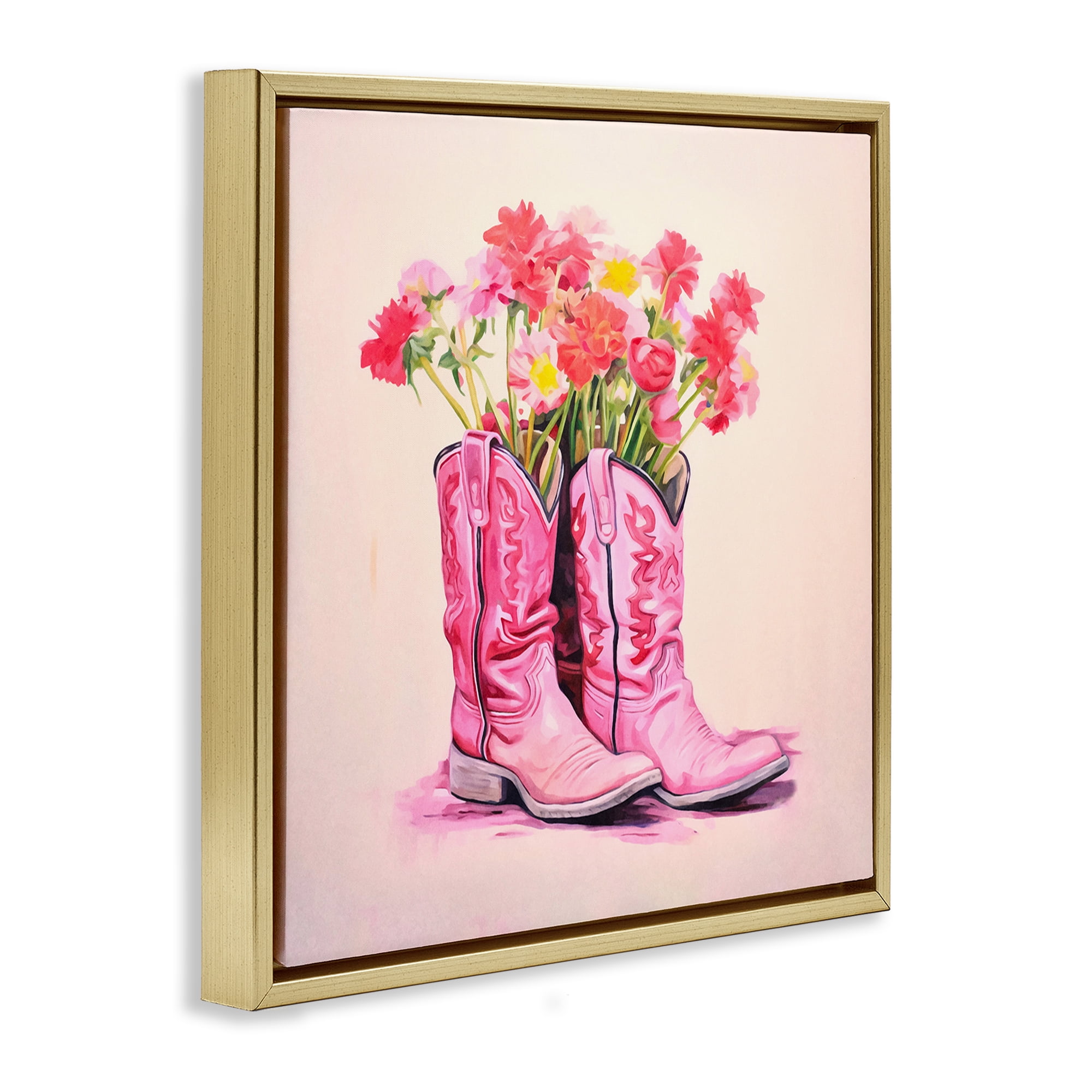 Stupell Industries Pink Blossom Boots Botanical & Floral Painting Gold Floater Framed Canvas Art Print Wall Art, 25 x 25
