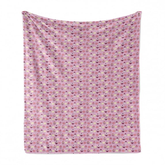 Cupcakes Soft Flannel Fleece Throw Blanket, Pastry Arrangement Muffins and Macaroon Cookies, Cozy Plush for Indoor and Outdoor Use, 60" x 80", Pink Multicolor, by Ambesonne