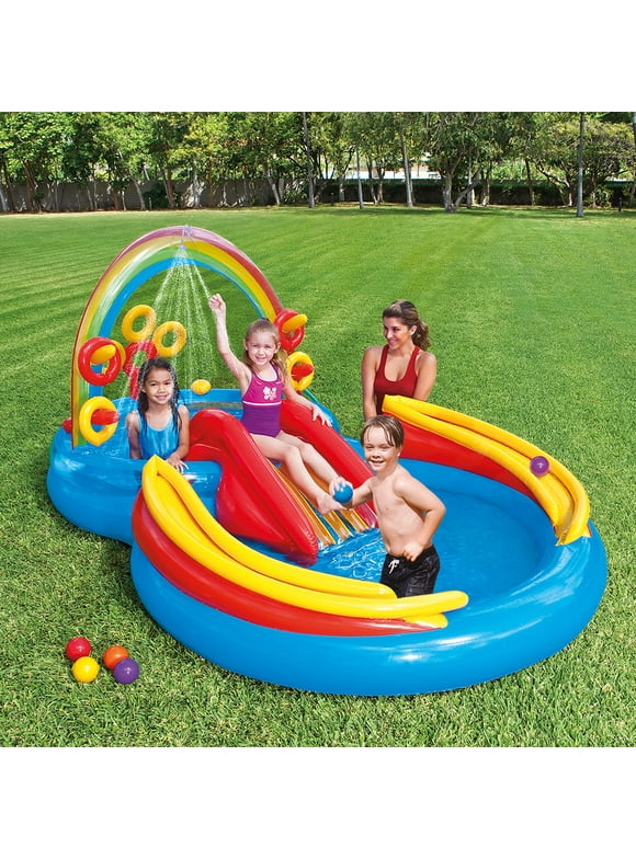 Intex 9.75 x 6.3 Ft Rainbow Slide Inflatable Pool & Water Slide Ring Center