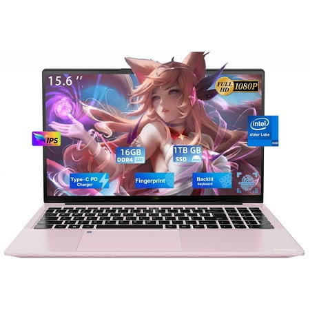 15.6" Ultral Light Laptop for Students, Quad-Core Intel Celeron N100 processors, up to 3.4GHz speed, Type-C 65W PD Fast Charger, 1TB SSD, 16GB RAM,WiFi 6, Windows 11-Rose Gold
