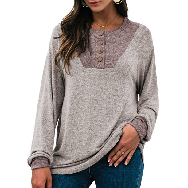 Moda mujer empalme blusa O cuello botón de manga larga Casual Otoño Irfora Beige/Grande