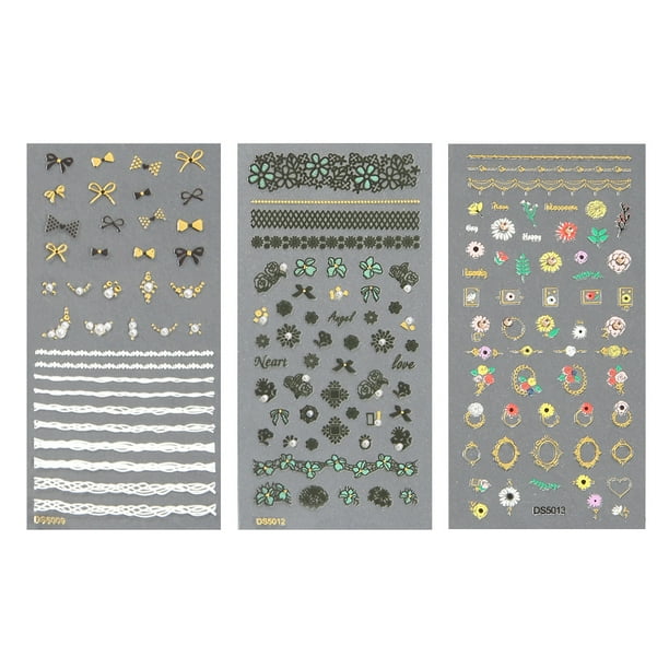 Juego de 3 pegatinas para uñas, diseño de uñas 3D acrílico tallado.