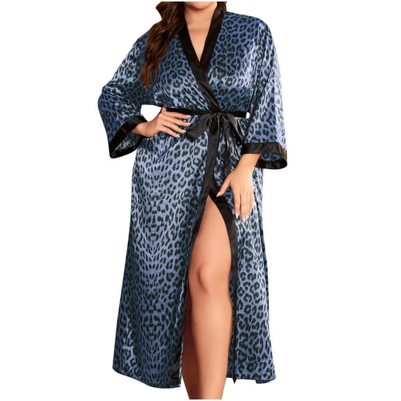 Tnhcen Women's Plus Size Leopard Print Long Sleeve Open Front Bathrobe – Adjustable Belt Sleepwear with Tie | Thin Loungewear XL-5XL | Stylish Casual Pajama