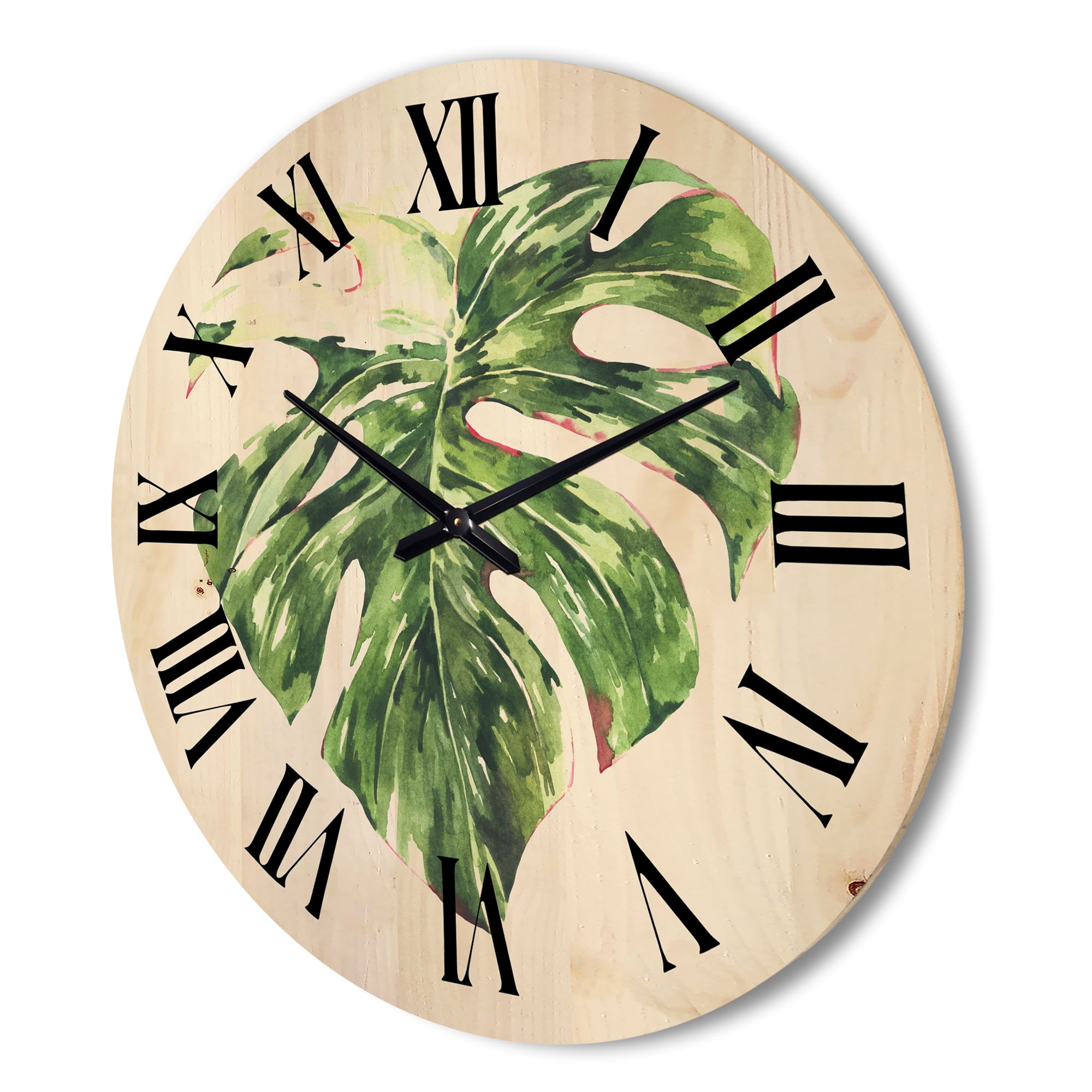 Designart 'Tropical Green Leaves On White In Summer Times III' Tropical Wood Wall Clock