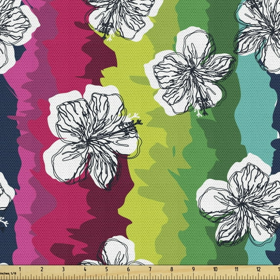 Summer Fabric by the Yard, Exotic Hibiscus Petals on Grunge Rainbow Toned Gradient Colorful Background, Decorative Upholstery Fabric for Chairs & Home Accents, Multicolor by Ambesonne