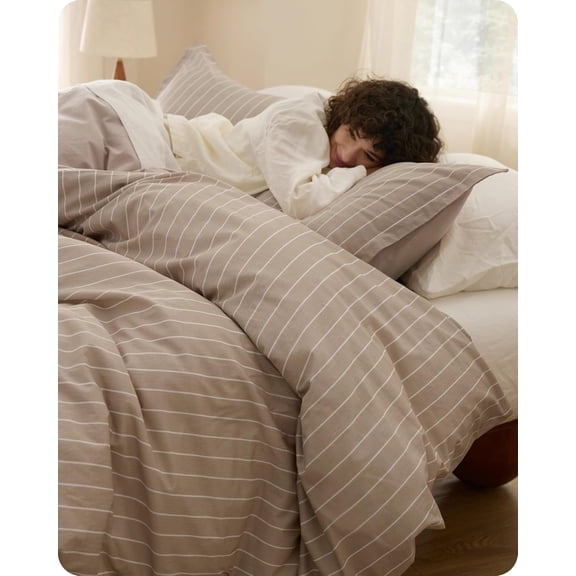 Striped Duvet Cover Queen Size 90"x90" in Tan and White, 100% Washed Cotton