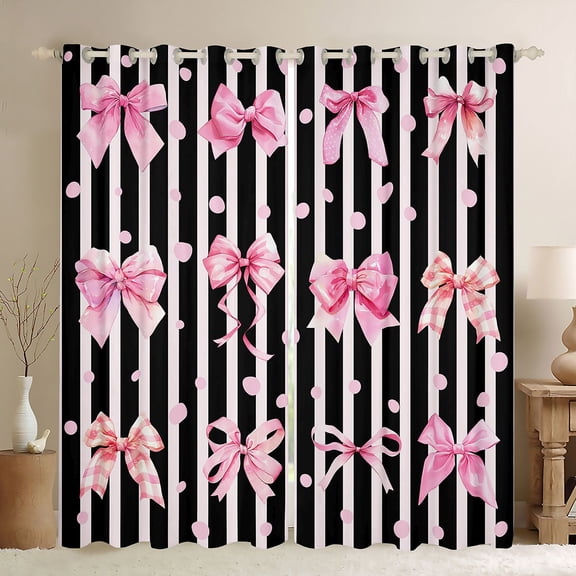 Manfei Pink Bows Black White Stripe Dots Black Out Curtains for Girls, Cute Ribbon Bows Curtains Pack of 2 (42x63 Each)