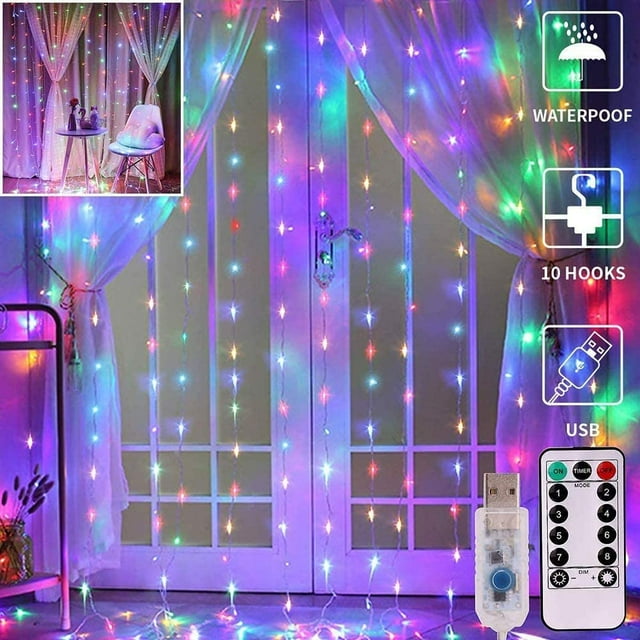 300 Lumières de Rideau à LED 9,8 Pieds X 9,8 Pieds, 8 Modes d'Éclairage Guirlande Lumineuse Multicolore avec Télécommande Alimentée par USB, Décoration Intérieure Extérieure pour Maison Fête Noël Chambre-Multicolore