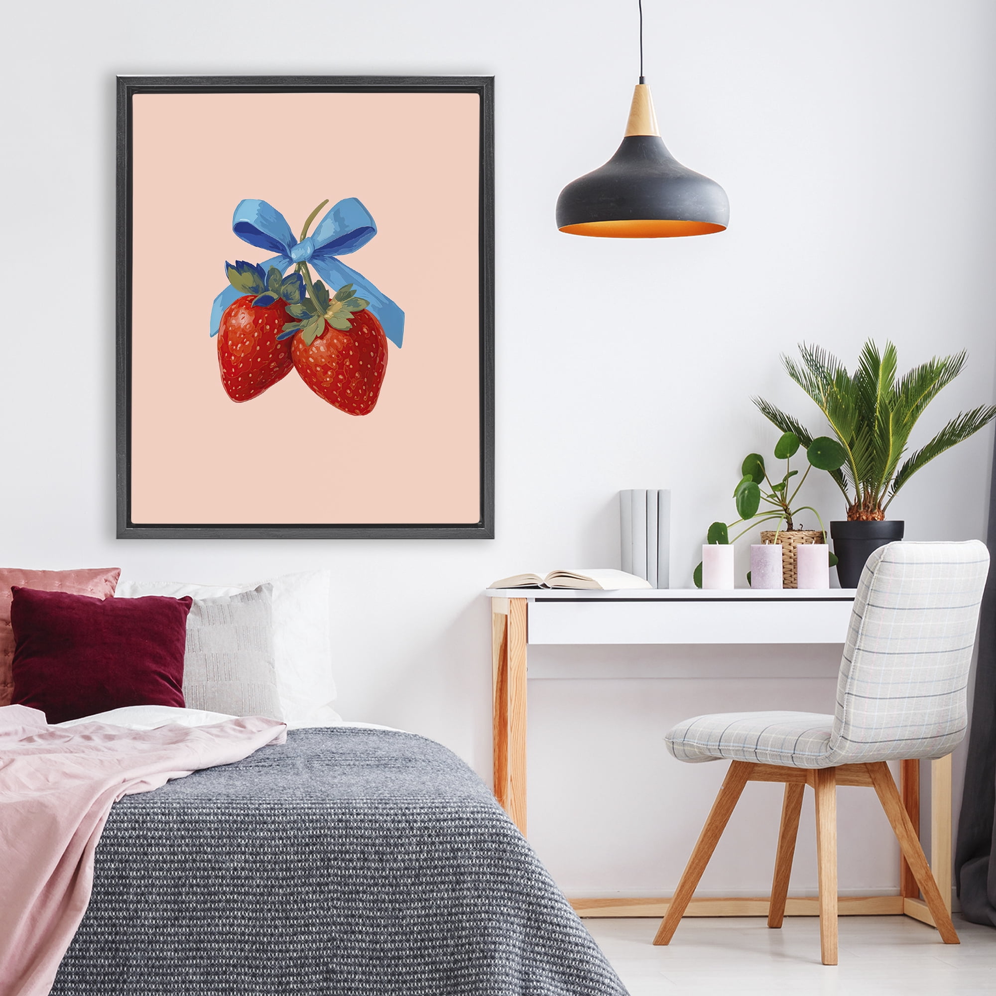 Stupell Industries Strawberry Pair with Blue Bow Black Framed Floater Canvas Wall Art, design by Imagine It Images