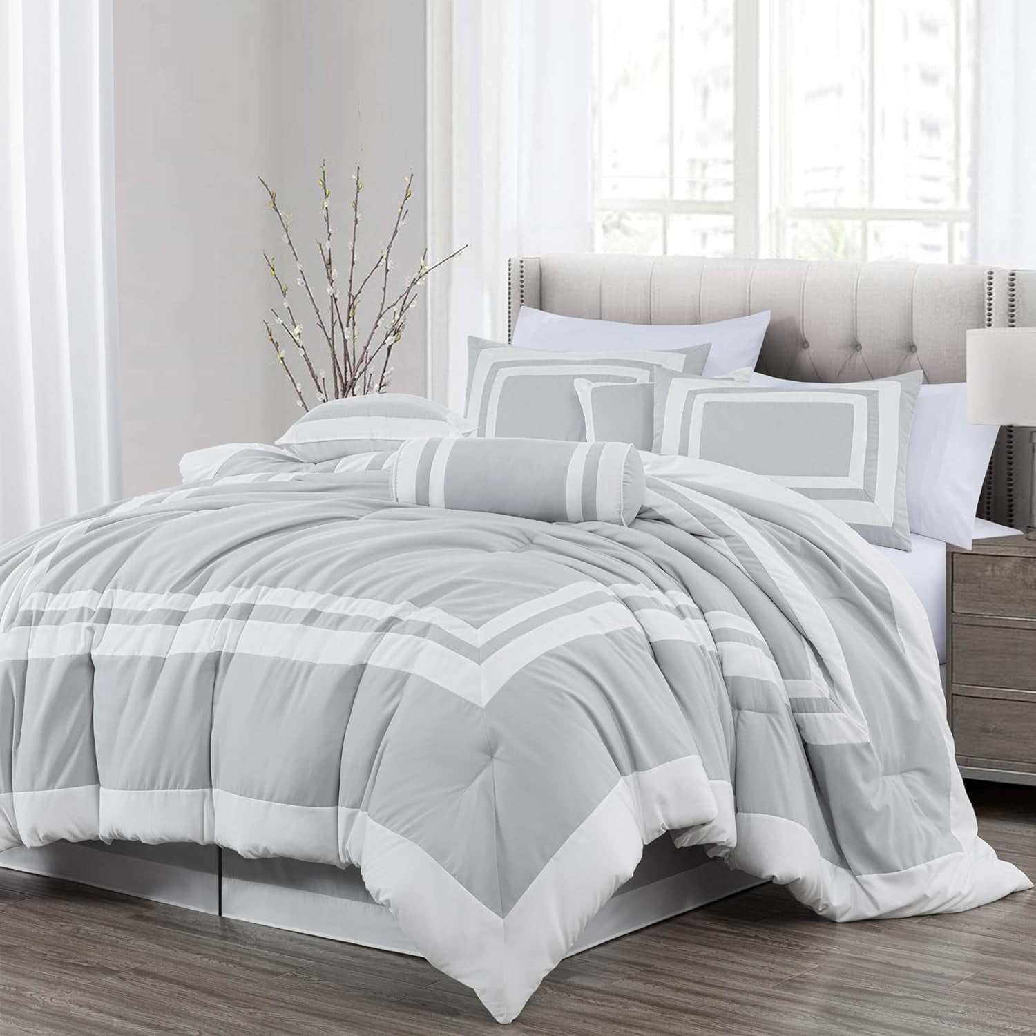 Chezmoi Collection Caprice 7-Piece Hotel Style Comforter Set California King Size, Silver/White Square Pattern Color Block Bedding w/Decorative Pillows, Luxurious Lightweight All Season Bed Set