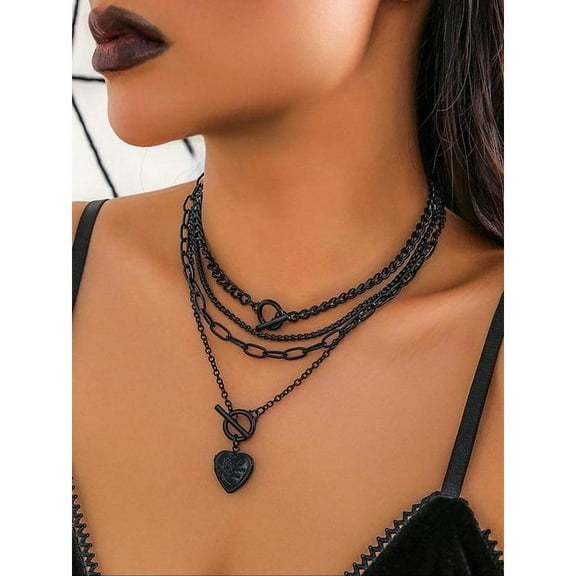 Top-kevin Women's Punk Style Heart Design Pendant Necklace & OT Buckle Chain Necklaces 4 Counts Fashion Charm & Chain Necklaces Trendy Goth Jewelry for Birthday Gift Adjustable Charms Necklace