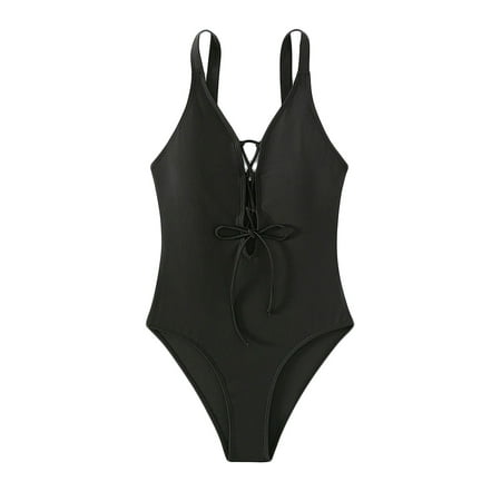 Mchoice One Piece Swimsuit Women Sexy Solid Color Deep V Neck Swimwear Drawstring Halter High Waist Bathing Suits