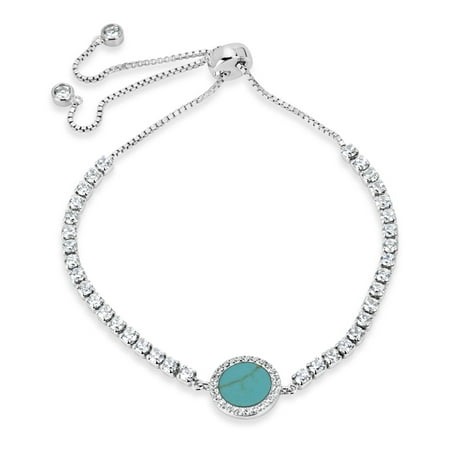 8.5mm Stabilized Turquoise and White Cubic Zirconia Sterling Silver Rhodium Plated Round Box Chain Bolo Bracelet 10