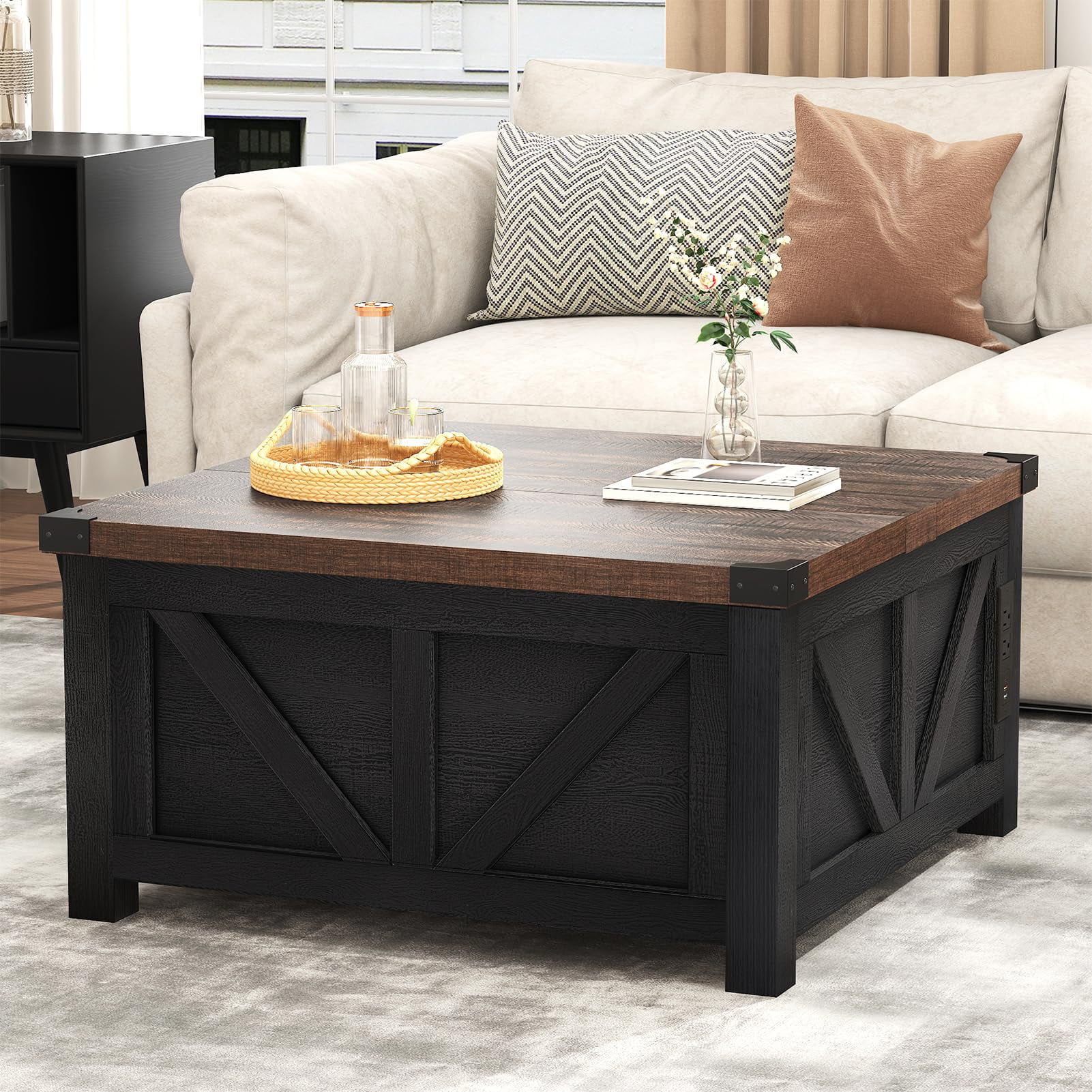 ChVans 35.6" Square Lift Top Coffee Table, Farmhouse Coffee Table with Storage & Charging Ports, Wood Center Table w/Large Hidden Space for Living Room Home Office