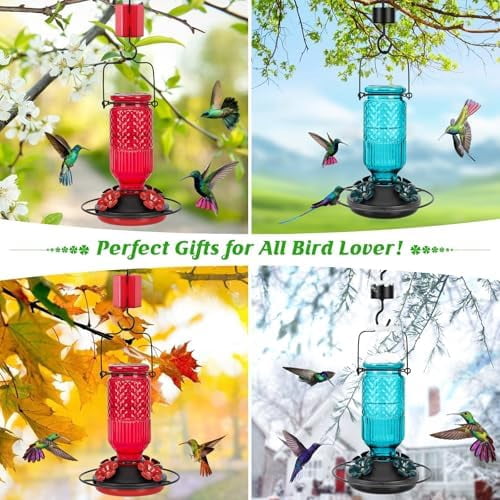 Glass Hummingbird Feeder for Outdoors Hanging, 16 OZ Humming Bird Feeders with 4 Bee Guard Feeding Ports & Built-in Ant Moat, Hummingbird Gifts for Mom Bird Feeder for Outside, Red,2 Pack