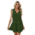 thumbnail image 3 of Womens Spring Summer 2025 Sleeveless Split V Neck Ruffle Chiffon Elegant Mini Short Skirt Dresses Green S, 3 of 9