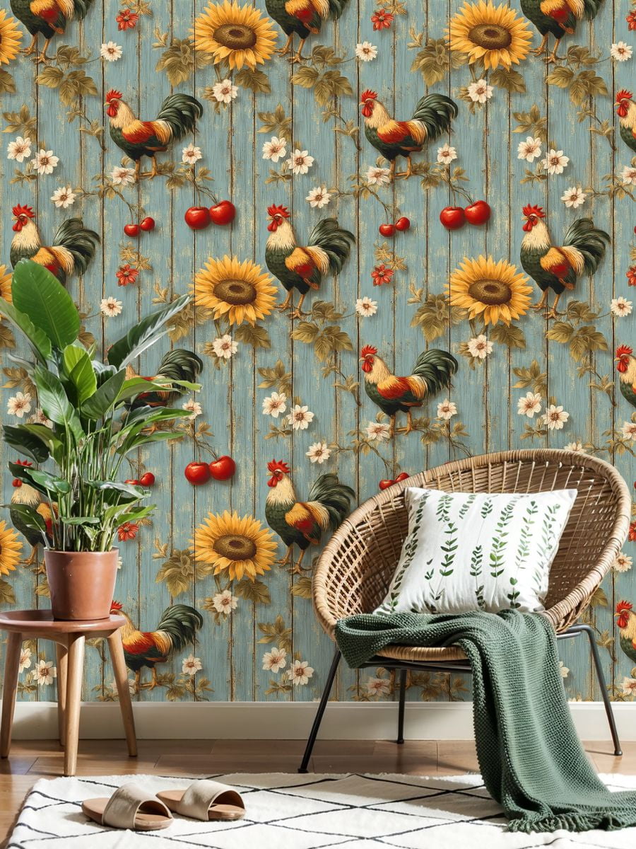 Chicken Peel and Stick Wallpaper Rooster Sunflower Rustic Farmhouse Blue Wooden Wall Mural 23.6in x 9.8ft Self Adhesive Removable Wall Paper Renter Friendly Wallpaper for Nursery Bedroom Cabinets