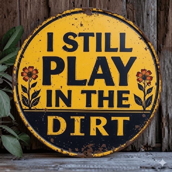 2D Flat, Vintage Round Aluminum Sign - "I'm Still Playing on the Ground" - Yellow and Black Humorous Wall Decor with Floral Accents, Kitchen and Office - A Unique Gift Idea, 8X8 Inches, Easy to Hang