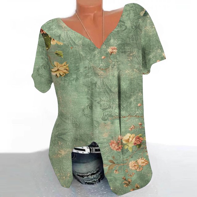 Fiudx Camisetas para Mujer Blusa Estampada de Manga Corta con Cuello En V para Mujer Blusas Tipo Jersey