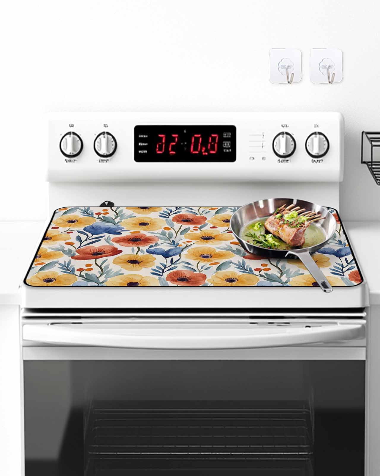 Stove Top Covers for Electric Stove 28.5x20.5 Inches, Spring Floral Heat Insulation Fireproof Glass Cooktop Protector, Red Yellow Blue Summer Botanical Countertop Stovetop Cover for Kitchen