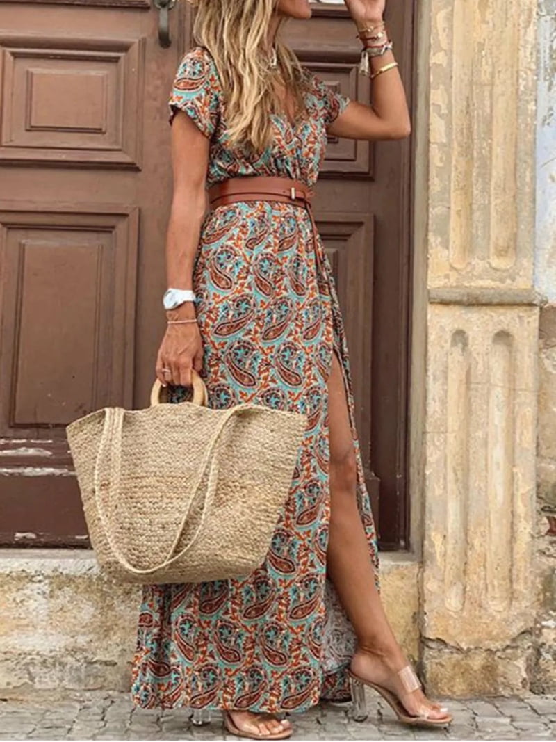 Women's Printed V Neck Short Sleeve Maxi Dress Belted with Pockets Plus Size Full Length 100% Polyester Fabric Comfort Women's Printed V Neck Short Sleeve Maxi Dress Belted with Pockets Plus Size Full Length 100% Polyester Fabric Comfort